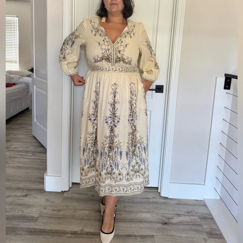 Max Studio linen Elegant Cream  Floral Dress size XL - Picture 2 of 8